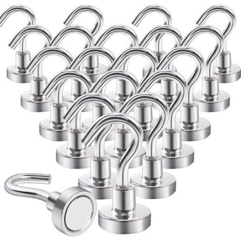 Ganci magnetici extra forti (10 kg), magneti al neodimio con ganci, confezione da 20, fissaggio senza trapano, per porte in ferro, frigoriferi, cucine, appendiabiti, uffici, colore argento.