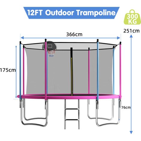 12FT Outdoor Trampoline With Basketball Hoop, Garden Trampoline With Safety Net & Ladder, Available For Toddlers And Adults, Up to 150kg