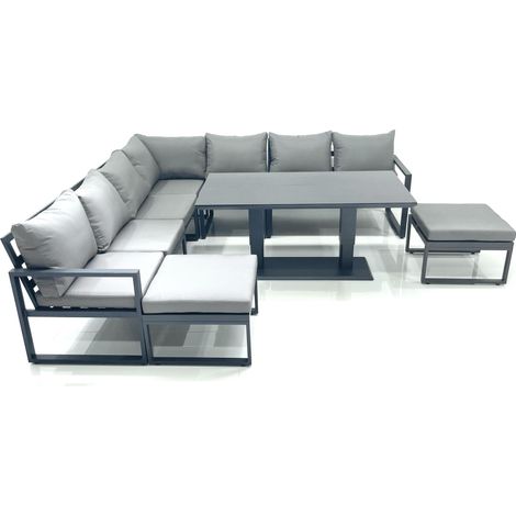 Fimous 9 Seater Outdoor Aluminum Garden Furniture Set Corner Sofa 2 Big Footstools Adjustable Rising Lifting Dining Table Sets Dark Grey (1/5)