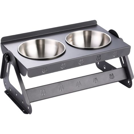 Support gamelle double hauteur et angle ajustable pour chat chien, mangeoire ergonomique en acier carbone gris avec 2 bols inox alimentaire, anti-basculement démontable pour croquettes et eau domestiq (1/4)