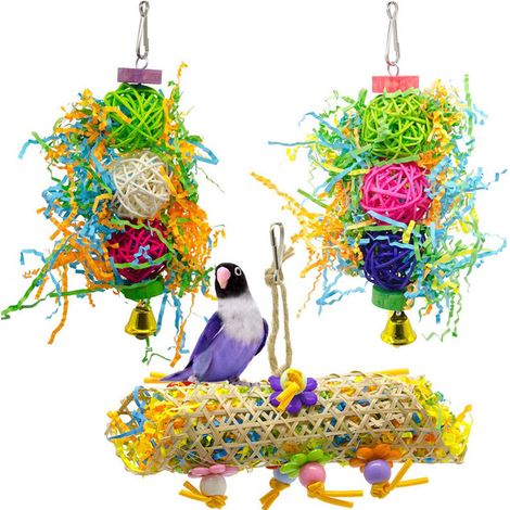 1 jouet à mâcher pour oiseaux, en bois et rotin, multicolore, pour calopsitte et perroquet gris du Gabon (1/5)
