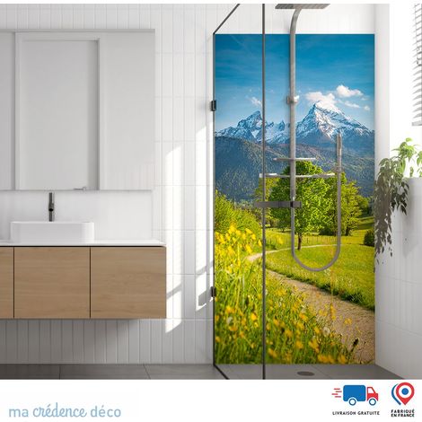 Panneau de douche : Fleurs printanières et montagnes - Alu composite - 120 - 245 (1/4)