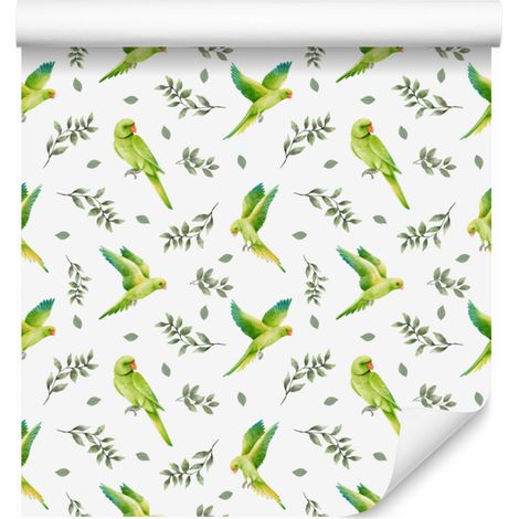 Papier peint perroquets blanc, gris clair, citron vert et crème 50x1000 cm (1/5)
