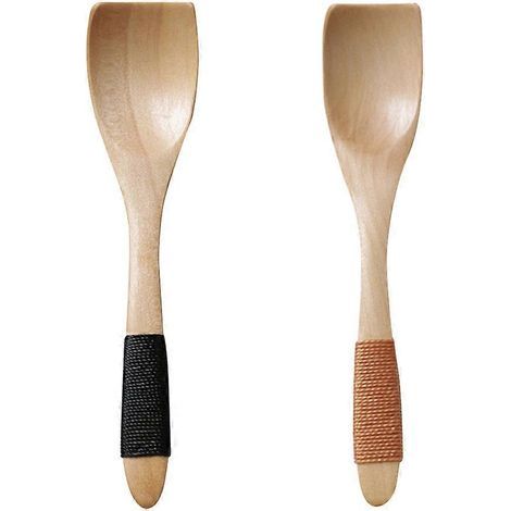 Lot de 2 cuillères à glace en bois de style japonais, petites cuillères à dessert avec cordon noué sur le manche, vaisselle pour enfants en bois massif (Burlywood)-13.50X2.80X0.50CM (1/4)