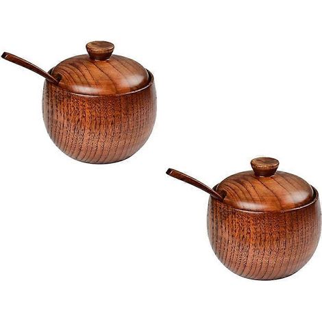Set aus 2 Gewürzgläsern aus Holz mit Deckeln und Holzlöffeln, minimalistischer nordischer Stil (1/5)