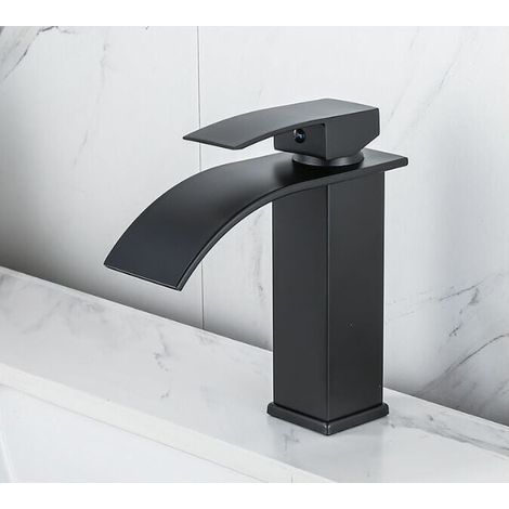 Lack-Wasserfall-Wasserhahn, heiß und kalt, Aufsatzwaschbecken, Toilette, Badezimmerschränke, Einloch-Wasserhahn, Wasserfall-Waschtisch-Wasserhahn, schwarzer Wasserfall-Mischbatterie, Messing-Einloch-B (1/4)