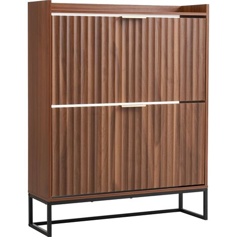 Meuble à chaussures avec 2 tiroirs rabattables, armoire de rangement cannelé à chaussures de style milieu de siècle avec dispositif anti-basculement, pour entrée, couloir, chambre, salon, noyer (1/5)