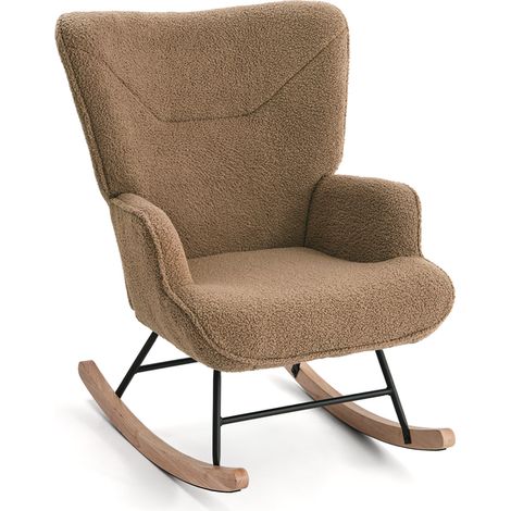 GOEURVANT - Brown - Teddy Fabric - Ergonomic Rocking Chair with High Backrest, Solid Wood Legs & Silent Rocking Function (1/5)