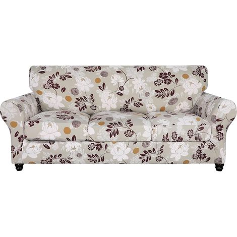 Housse de canapé extensible SearchI, imprimée, motif floral, 4 pièces, avec 3 housses de coussin séparées, protection lavable pour le salon (canapé, fleurs marron) (1/5)