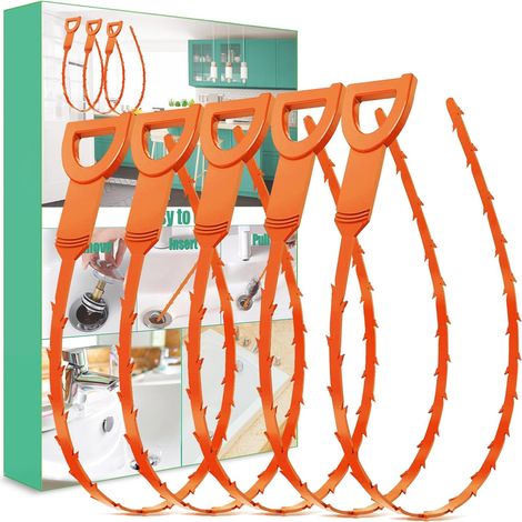Déboucheur de canalisations capillaires (lot de 5) - Outil de nettoyage adapté aux éviers, douches, baignoires et spas (orange) (1/5)