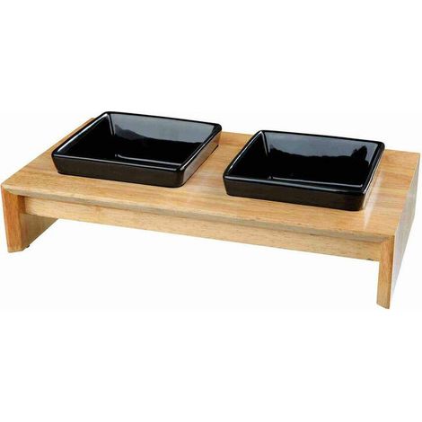 Trixie Set Écuelles Céramique Noir 0,4 L avec Support Bois (1/3)