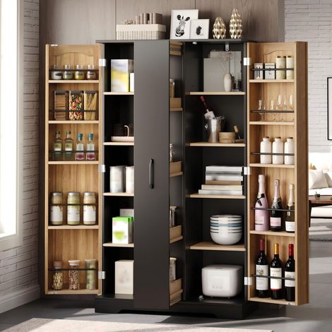 Meuble de Rangement 150×78×40 cm – 2 Portes avec Étagères à Épices, 4 Tablettes Intérieures (2 Réglables) & Tiroir Vertical 4 Niveaux, Style Minimaliste Rétro (1/5)