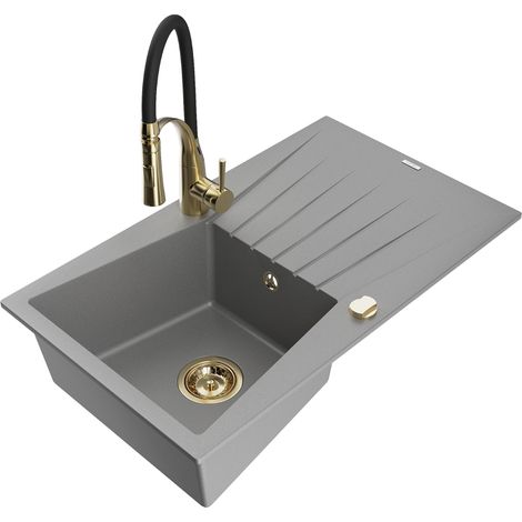 Mexen Cesar évier en granit 1 bac avec égouttoir et robinet de cuisine Aster, gris - 6514-71-73450-57-G (1/5)