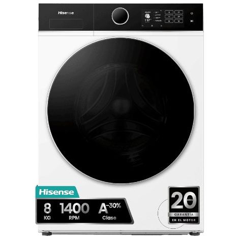 Lavadora 8kg 1400rpm Hisense WF5I8043BWF Fondo Reducido 47cm Wifi Vapor Programa Mascotas Blanca Clase A -30%