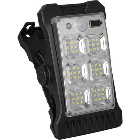 Aplique solar de pared para exteriores, ideal para patios: LED, sensor de movimiento, batería integrada, carga USB, con clip y apto para colgar.