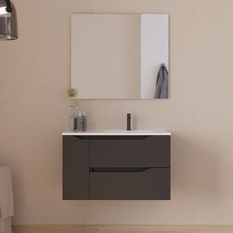 Meuble de salle de bain 80cm avec vasque déportée à droite et miroir - 2 tiroirs et un placard - noir - ZARZA (1/5)