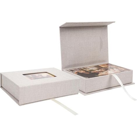 Photo Storage Box 17.5 x 12 cm with Window, Linen Photo Box, Souvenirs Box for Photos, Certificates, Scrapbooking, Jewellery and Memory Objects, Beige (1/2)