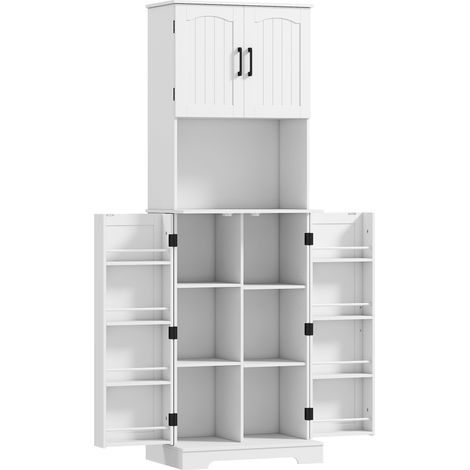 Buffet haut cuisine armoire avec 4 portes, plan de travail, 8 porte-épices, étagères ajustables 60x40x181,5cm blanc (1/5)