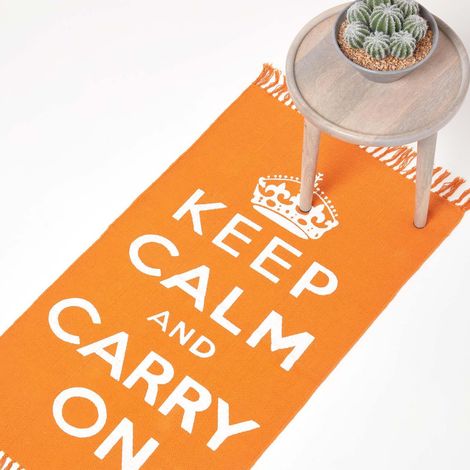 HOMESCAPES Keep Calm And Carry On Handwoven 100% Cotton Rug in Orange & White, 60 x 100 cm