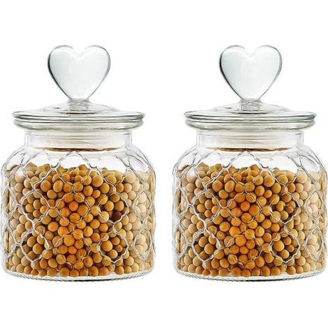 Bocal En Verre - 650 Ml - Forme Coeur - Pour Bonbons Et Aliments Secs - Lot De 2 (1/5)