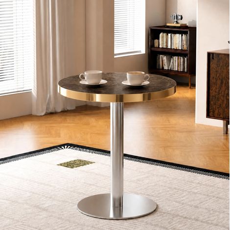 Tavolino rotondo in MDF e acciaio inox dorato, piano effetto marmo grigio, Ø 60 cm DESVIAE (1/5)