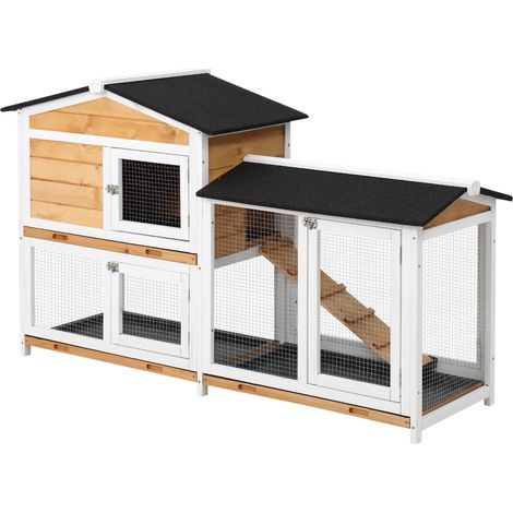 Conejera de Madera Exterior Jaula para Conejos de 2 Niveles con Techo Asfáltico 2 Corrales de Metal Bandeja Extraíble 3 Puertas Rampa 157,4x53x93,5 cm (1/5)