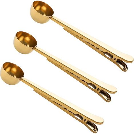 Juego de 3 cucharas de café de acero inoxidable: cuchara de café con clip, cuchara para leche en polvo, té y leche en polvo, Color dorado (1/5)