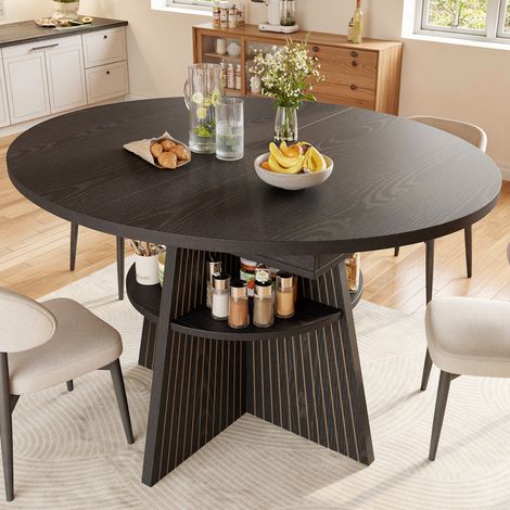 Tavolo da pranzo allungabile nero in MDF e metallo, con vano a giorno, 110-150 x 110 x 76 cm (1/5)
