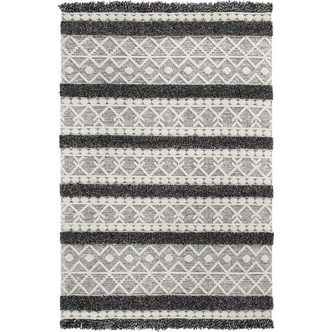 Tapis salon et chambre en laine 130x190 crème rectangle tissé motif ethnique NOUKA