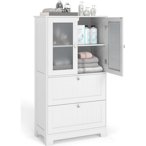 Mobiletto per bagno, Mobile contenitore con 2 ante in vetro smerigliato, 2 cassetti grandi, Ripiano regolabile, 30 x 60 x 108 cm, Bianco (1/5)