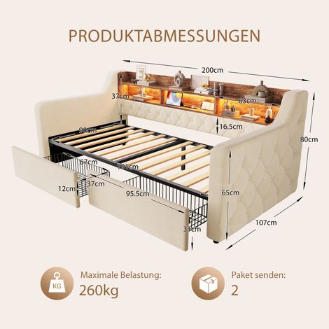 Cama tapizada con almacenamiento de 90x190 cm, cama de terciopelo con LED, USB y Tipo-C, cabecero con estante, 2 cajones, somier de láminas, cama individual tapizada para dormitorio, habitación juveni (1/5)