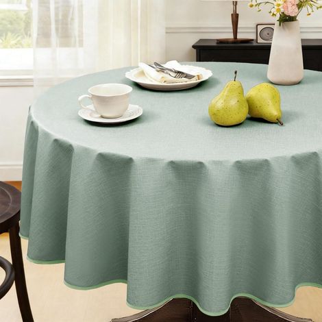 Nappe en toile cirée ronde 140 cm lavable, imperméable, aspect lin, extérieur, vert clair