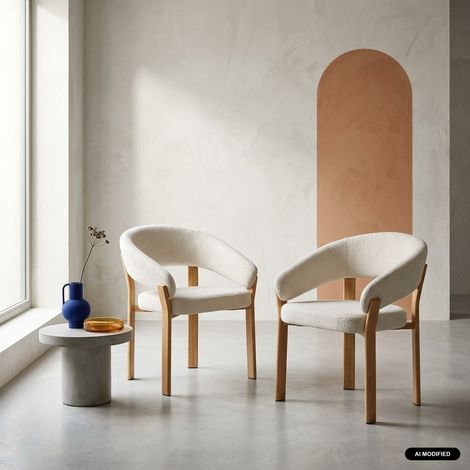 Lot de 2 fauteuils vintage acier effet bois clair et tissu texturé - Gloria Bois clair / Crème (1/5)