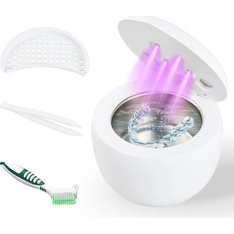 Nettoyeur Ultrasons 45kHz Nettoyeur Ultrason Appareil avec Lampe UV Nettoyeur Bijoux Ultrasonique Bac a Ultrasonic Cleaner Pour Prothèses Dentaires Gouttière Dentaire Aligneurs Retainer Bijoux 200ml (1/5)