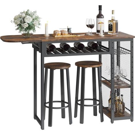 Ensemble Table de Bar Industriel avec 2 Tabourets, Étagère Basse et Porte-Verres à Vin, Table Haute en Métal et Bois pour Cuisine, Salon ou Salle à Manger (Marron) (1/5)