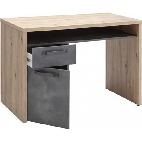 Bürotisch im Industriestil, PC-Arbeitsplatz mit 1 Tür und 1 Schublade Eiche und Schwarz 110 cm