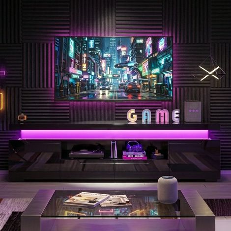 Meuble TV Brillant 180cm avec Éclairage LED RGB Contrôle App et Prises Intégrées Banc TV Moderne avec 2 Tiroirs 2 Portes pour Salon Max 75" - Noir (1/5)