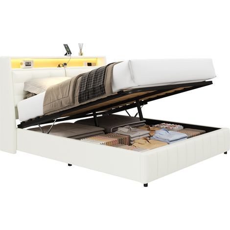 Lit plateforme 160 x 200 avec LED, USB, rangements sous le lit et tête de lit inclinable, blanc, pour chambre moderne et gain de place - CHICFURN (1/5)