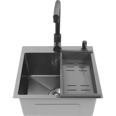 Évier de cuisine, simple cuve, construction en acier inoxydable durable, Noir (1/2)