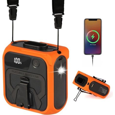 Ventilateur de taille portable avec 5 vitesses, lampe de poche LED et batterie externe de 10 000 mAh (1/5)