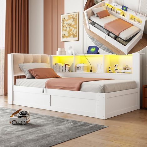 Lit Coffre 90x200cm - Lit Banquette 90x200 - Lit Simple en Bois avec Coffre Hydraulique, Étagère, LED et USB – Blanc (1/5)