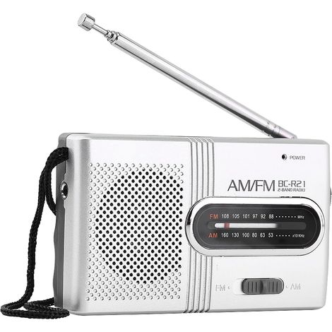 Radio portable FM/AM argent avec haut-parleur intégré – Bouton de réglage extra large – Alimentation par piles – Compacte et légère