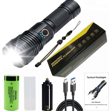 Lampe torche rechargeable, lampe torche LED haute performance, lampe torche tactique puissante XHP70.2 avec zoom, 5 modes, étanche IPX7, lampe torche pour le camping, la randonnée, les situations d'ur (1/4)