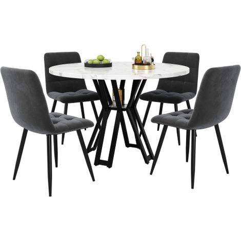 Table ronde 100cm,plateau marbré blanc,pieds noirs,4 chaises velours gris