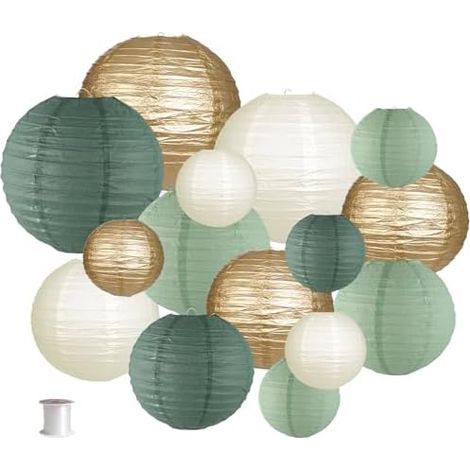Lot de 15 lanternes en papier décoratives rondes à suspendre pour fête rustique, fête prénuptiale, mariage, fête d'anniversaire, doré/ivoire/vert sauge (1/4)
