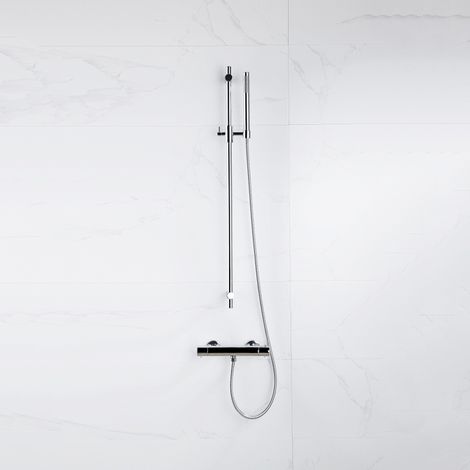 Fortifura Calvi Ensemble de douche barre curseur avec douchette stick, flexible en métal et robinet de douche Chrome (1/5)