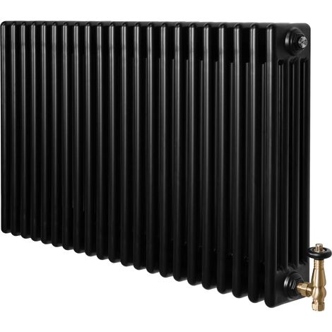 Traditional 4 Column Radiator & Valves - 600 x 1010mm - Black