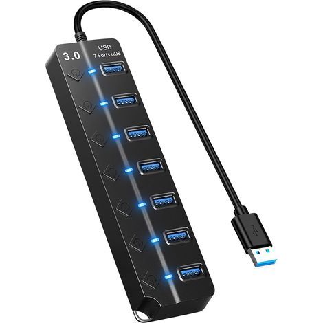 x 7-Port USB Hub, Individual Switch, LED, 5 Gbps Transfer, Fast Charging, For Laptop (1/5)