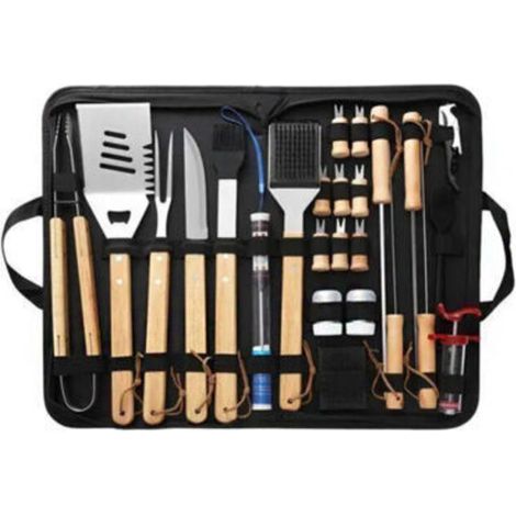 Kit barbecue 25 pièces en acier inoxydable – Ustensiles professionnels – Mallette de transport robuste – Couleur marron