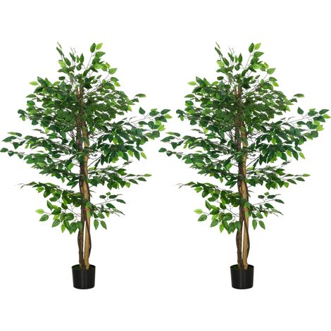 Set di 2 piante di ficus artificiali, alte 1,50 m, con tronco, rami, viticci, licheni e foglie, altamente realistiche, vaso incluso, colore verde.